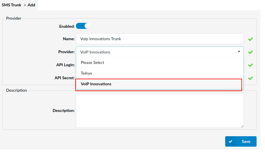choosing voip innovations as a sms provider in pbxware